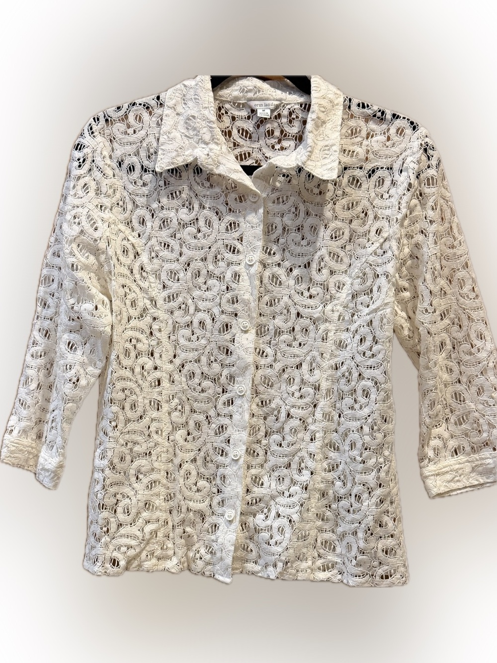 Erin London Ivory Lace Button Front Blouse Top size M Sheer Floral Crochet Shirt